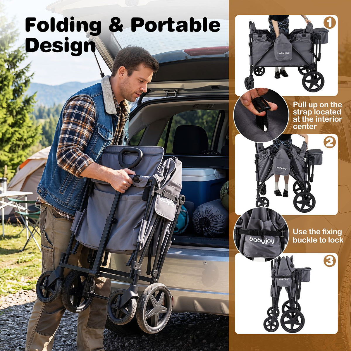 A man folds the wagon beside an open vehicle, with inset views showing its strap, buckle, and compact folded form.