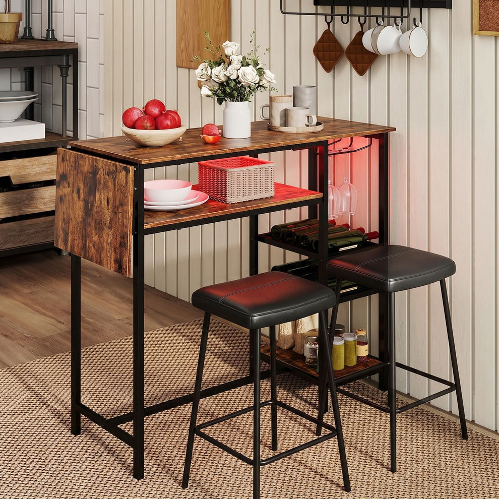 Rustic brown and black bar table with glowing red lights and two stools in a kitchen