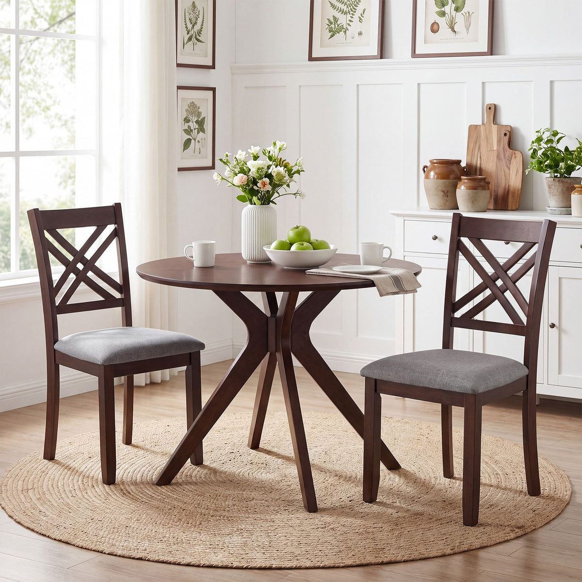 Pair of brown crossed-slat chairs with gray seats around a round table
