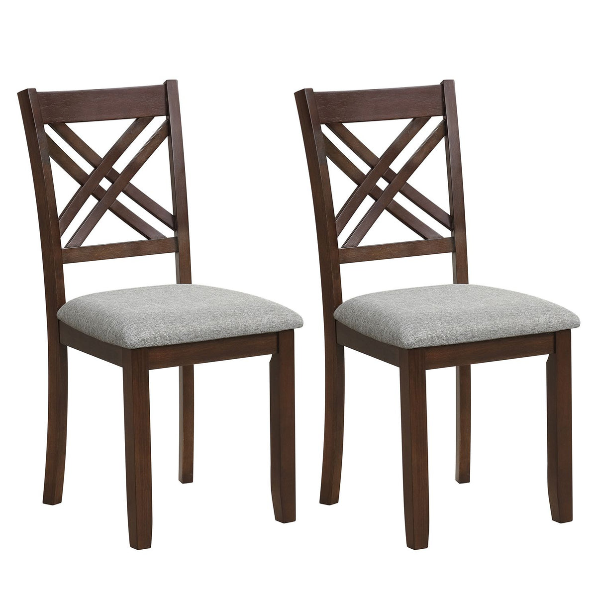 Two brown wooden dining chairs with padded gray seats on a white background