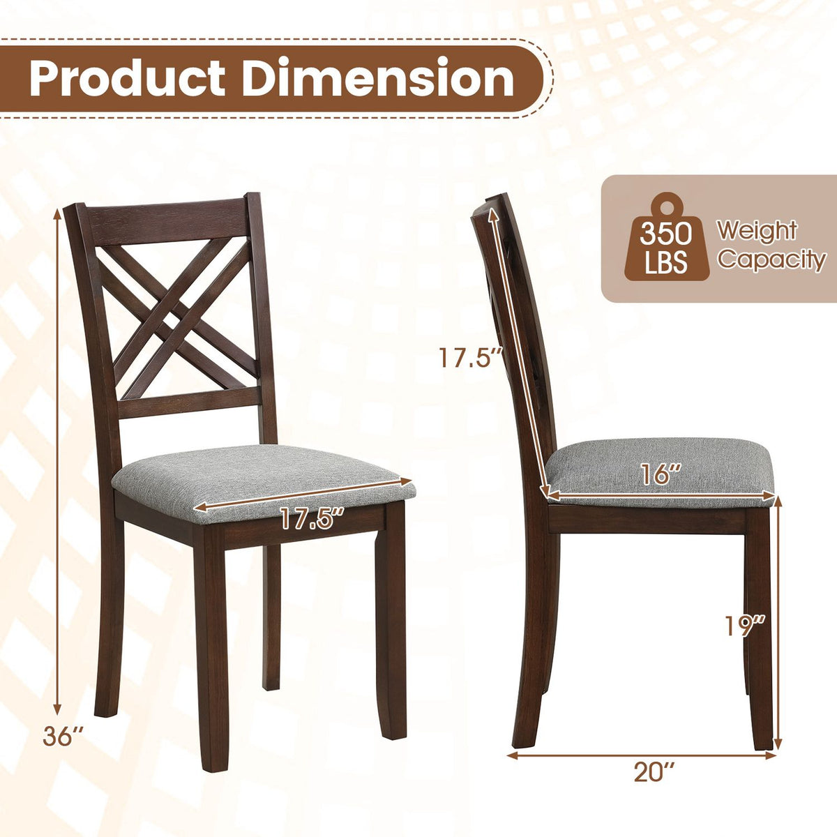 Brown crossed-slat chair shown with seat and overall dimension graphics
