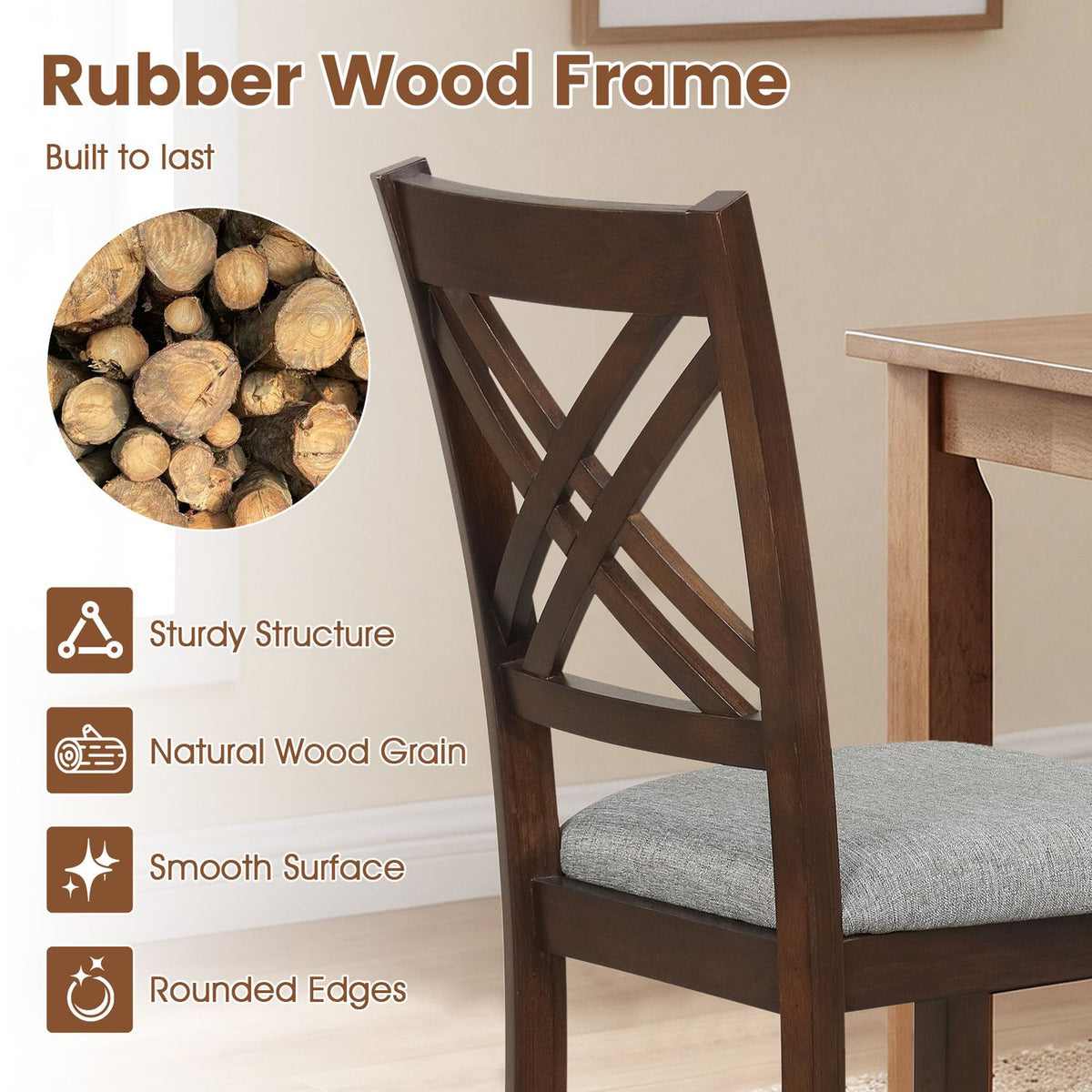 Close view of a brown rubber wood chair frame and crossed-slat back
