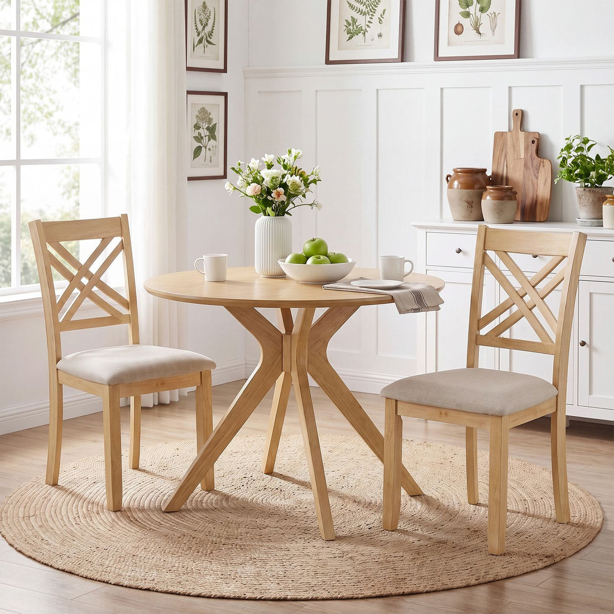 Two light wood chairs with pale upholstered seats beside a round dining table in a bright room.