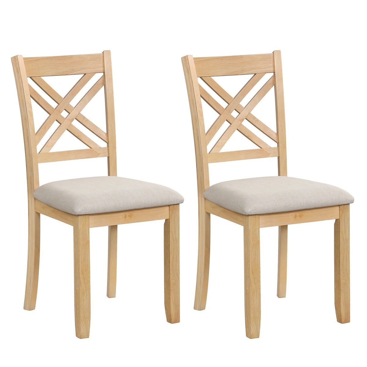 Two matching light wood dining chairs with crossed-back slats and pale upholstered seats against a white background.