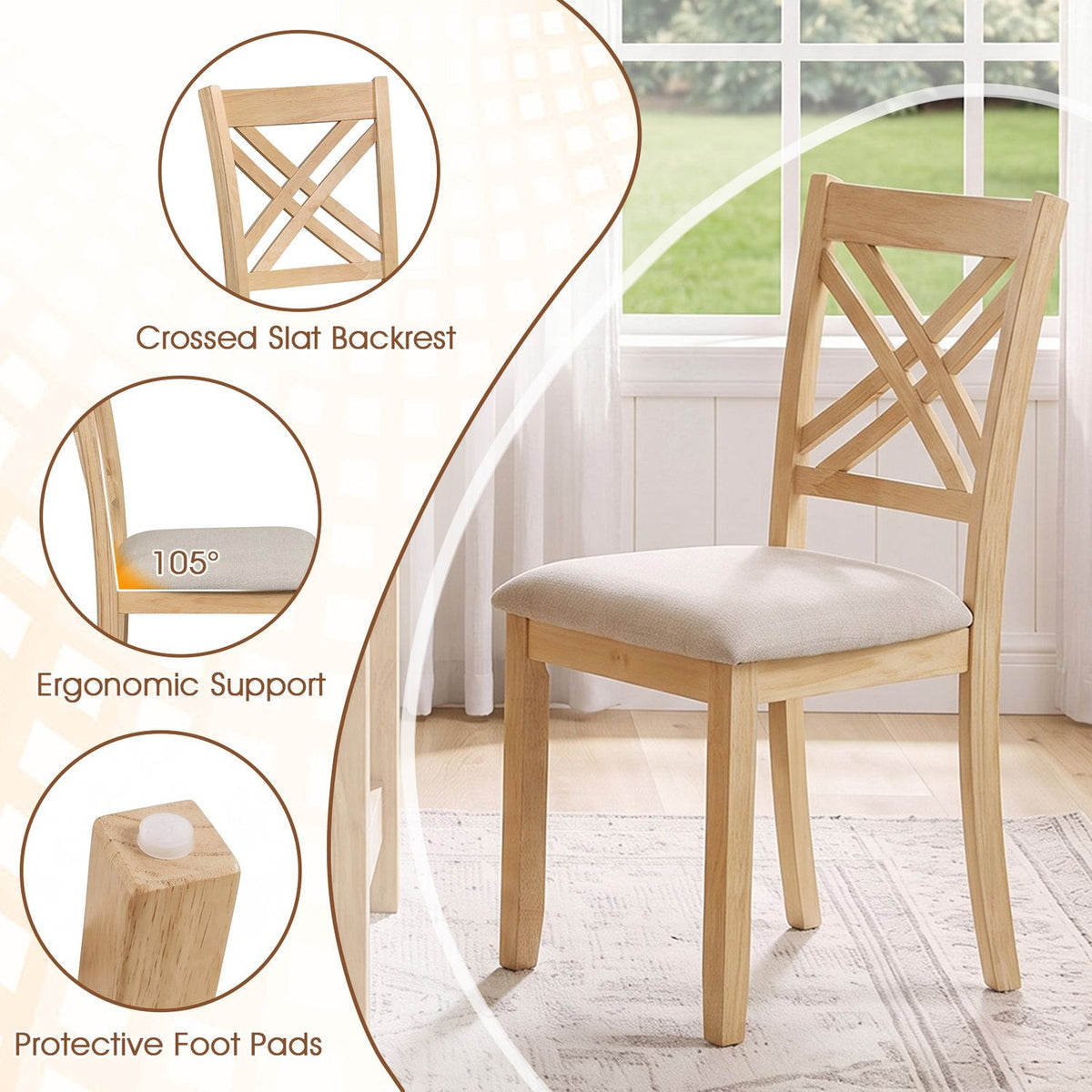 A light wood chair by a window, alongside close-ups of its crossed back, angled seat support, and foot pad.
