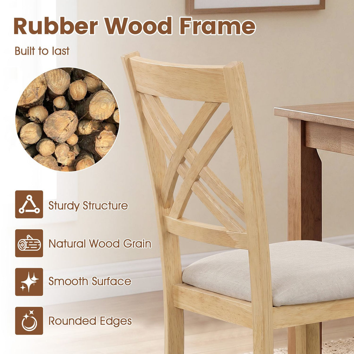 Light wood dining chair shown from behind, with a crossed back and pale upholstered seat beside a table.
