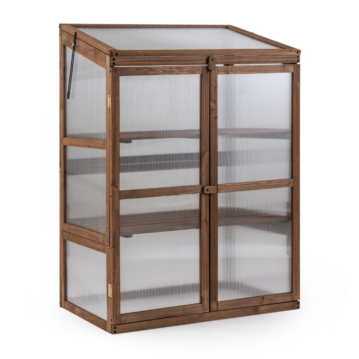 Brown wood greenhouse cabinet with translucent panels, shown from the front and side