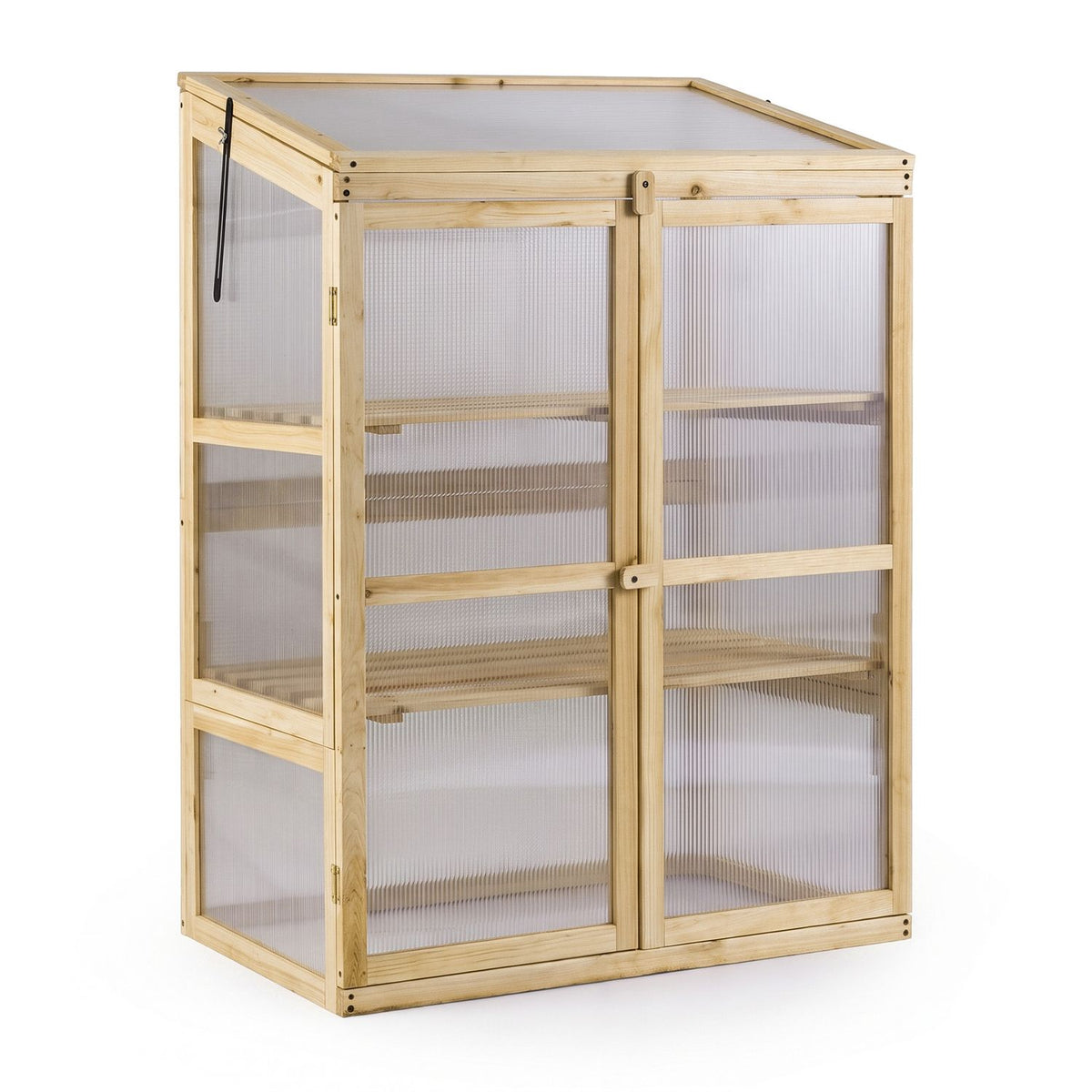 Natural wood greenhouse cabinet with translucent panels, shown from the front and side