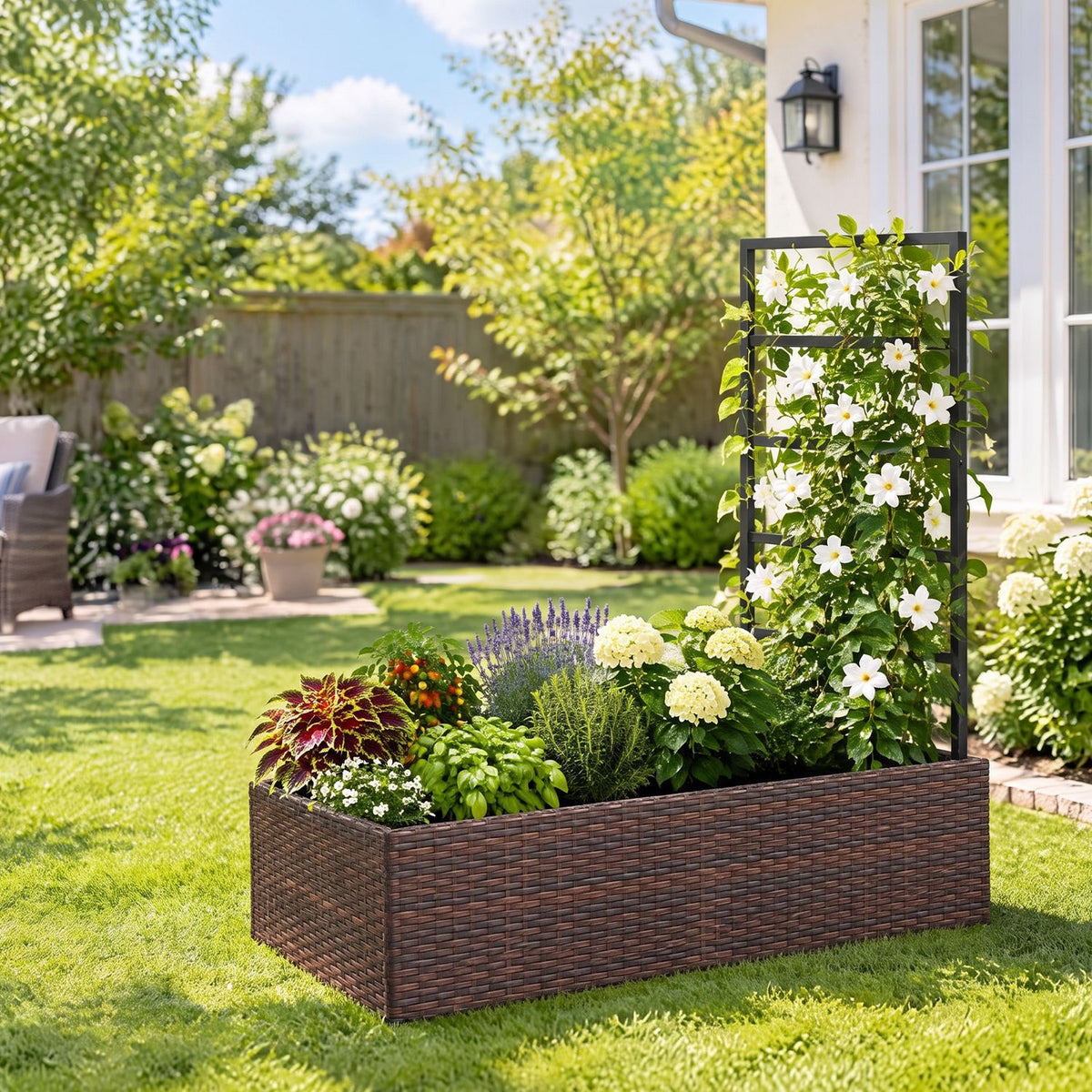 Rattan Raised Garden Bed with Trellis and Open-Ended Base for Patio Backyard Balcony, Brown