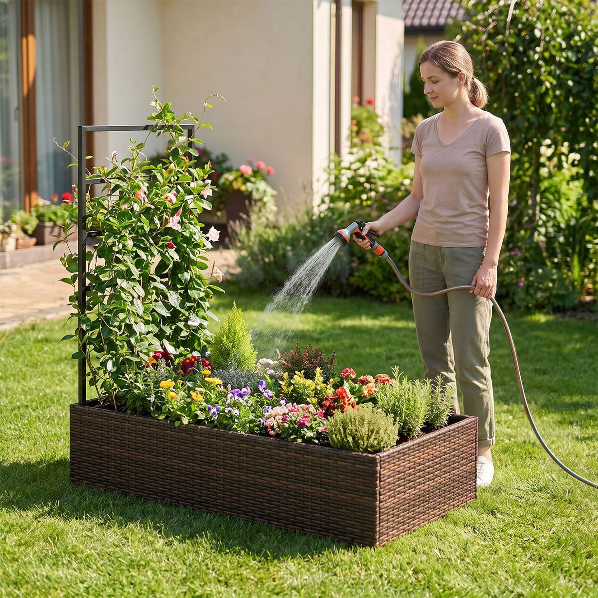 Rattan Raised Garden Bed with Trellis and Open-Ended Base for Patio Backyard Balcony, Brown