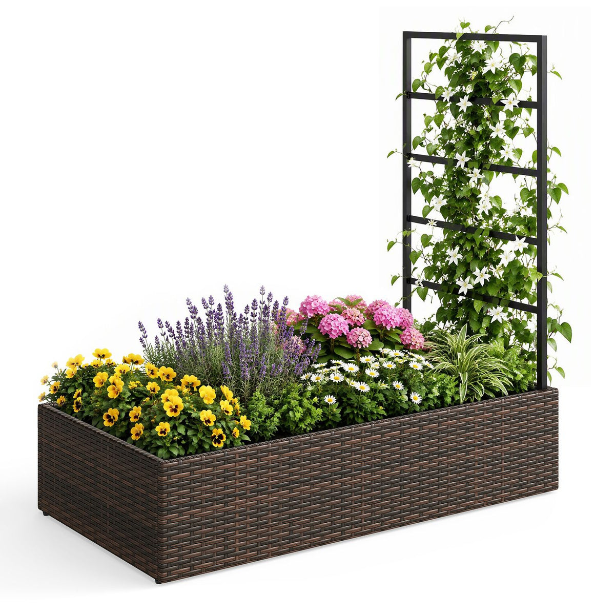 Rattan Raised Garden Bed with Trellis and Open-Ended Base for Patio Backyard Balcony, Brown
