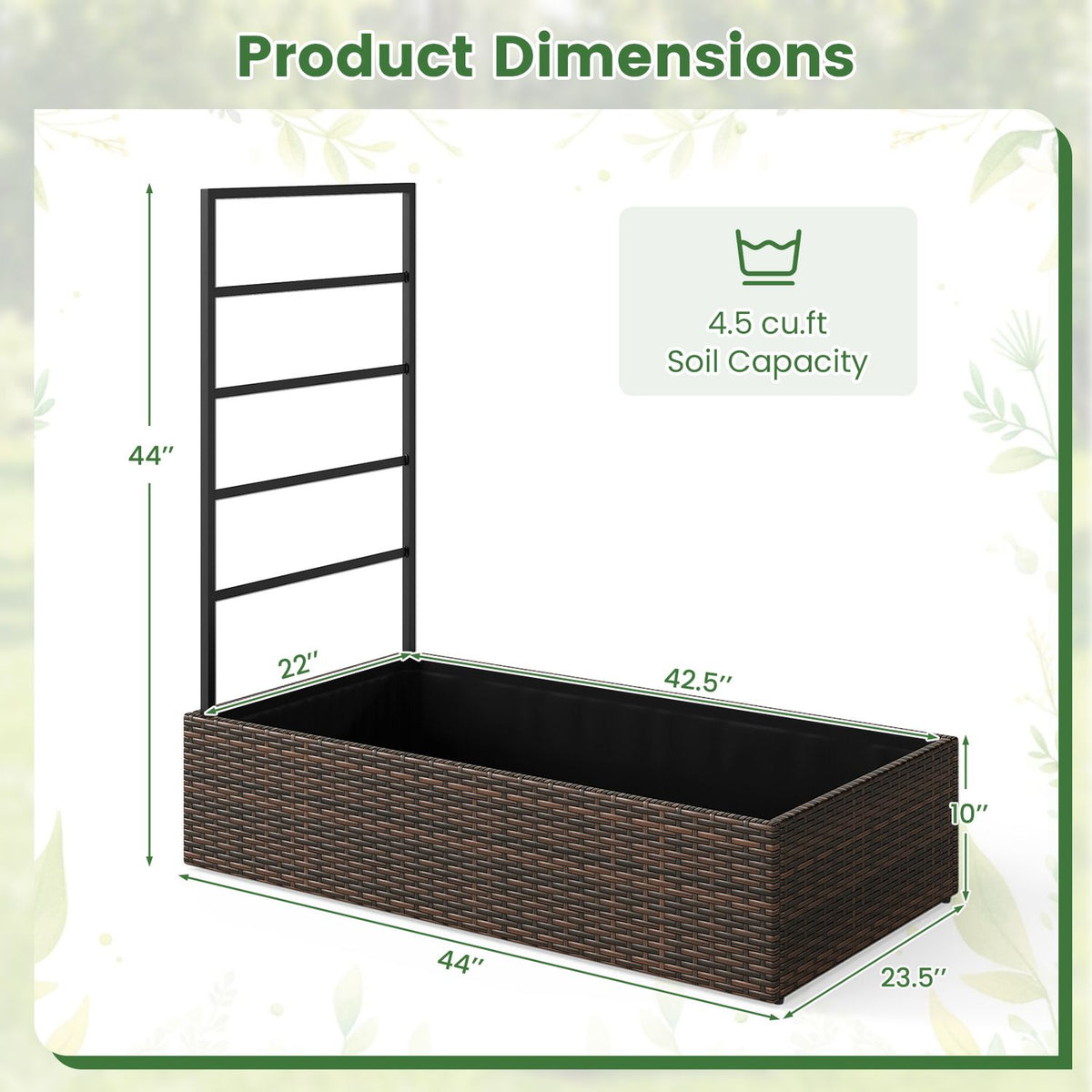 Rattan Raised Garden Bed with Trellis and Open-Ended Base for Patio Backyard Balcony, Brown