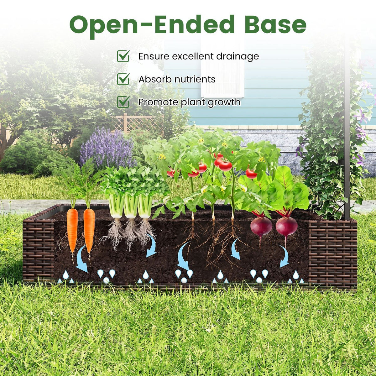 Rattan Raised Garden Bed with Trellis and Open-Ended Base for Patio Backyard Balcony, Brown