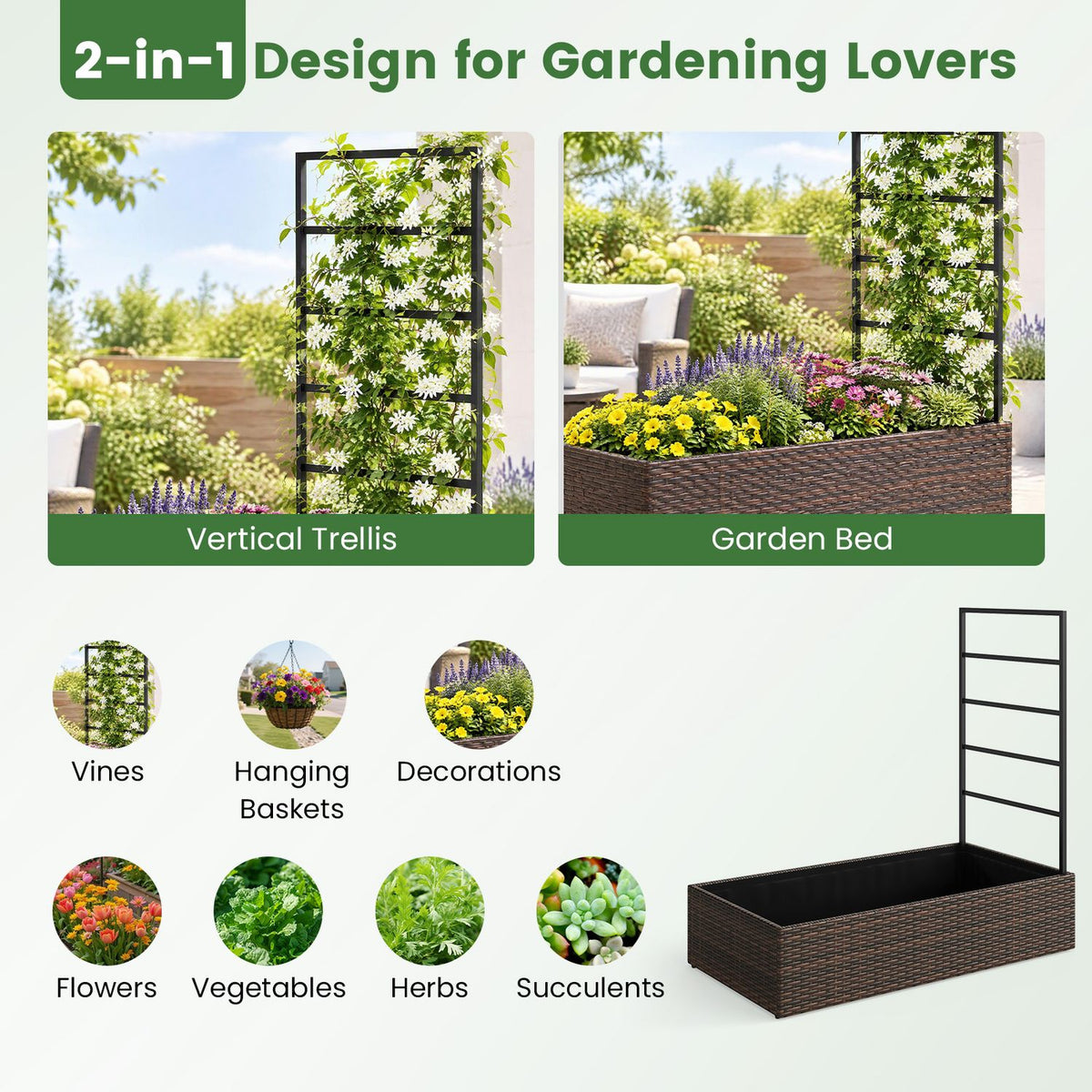 Rattan Raised Garden Bed with Trellis and Open-Ended Base for Patio Backyard Balcony, Brown