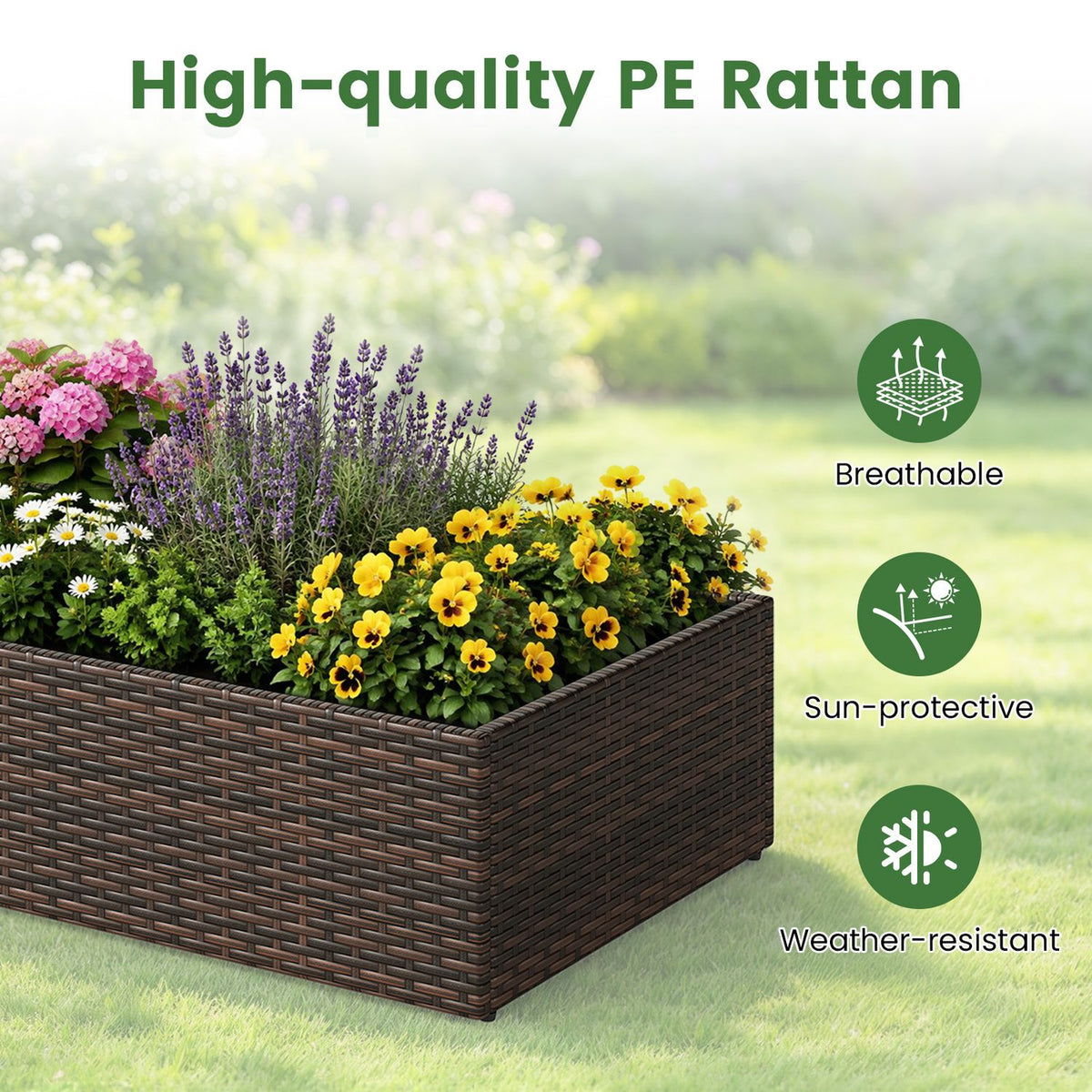 Rattan Raised Garden Bed with Trellis and Open-Ended Base for Patio Backyard Balcony, Brown