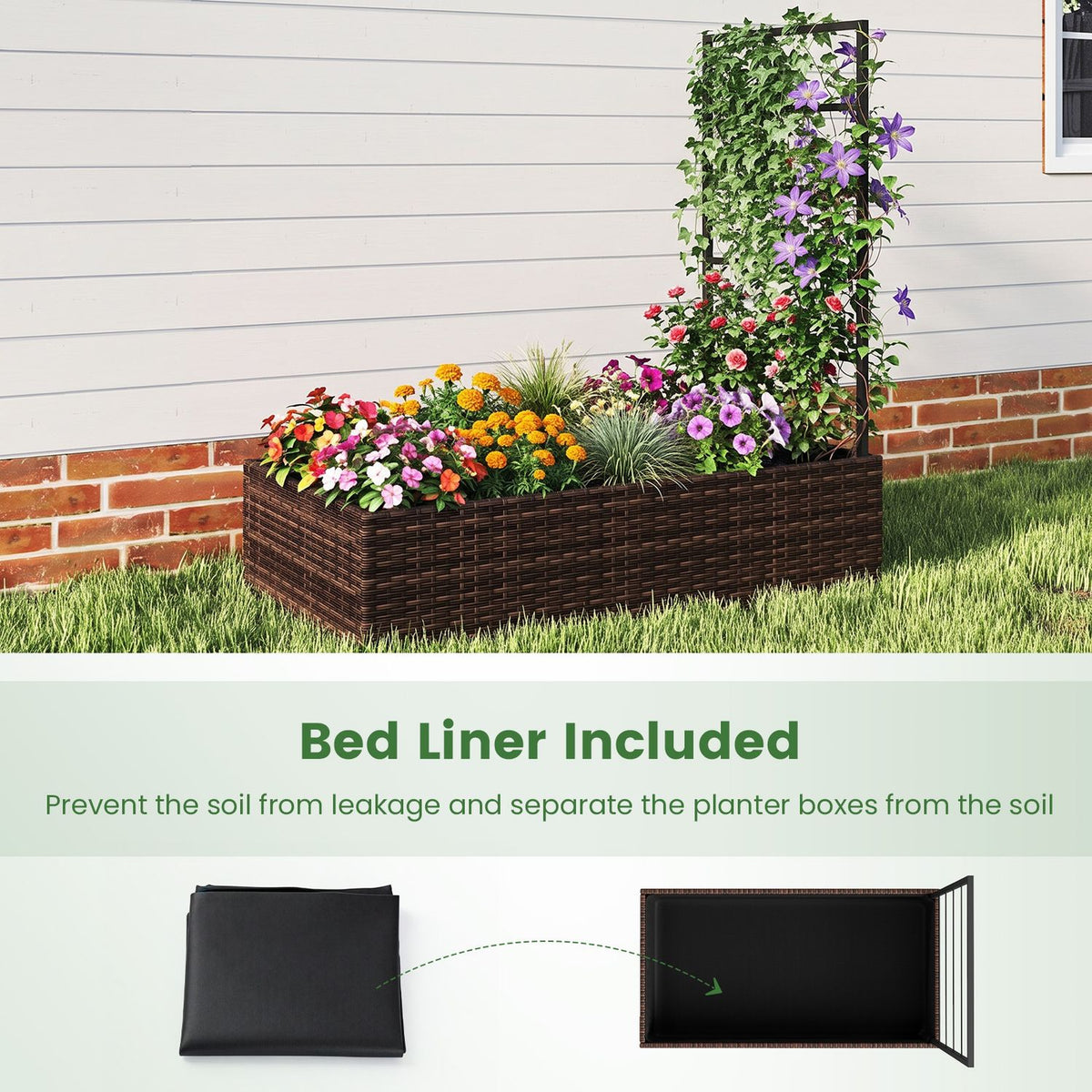 Rattan Raised Garden Bed with Trellis and Open-Ended Base for Patio Backyard Balcony, Brown