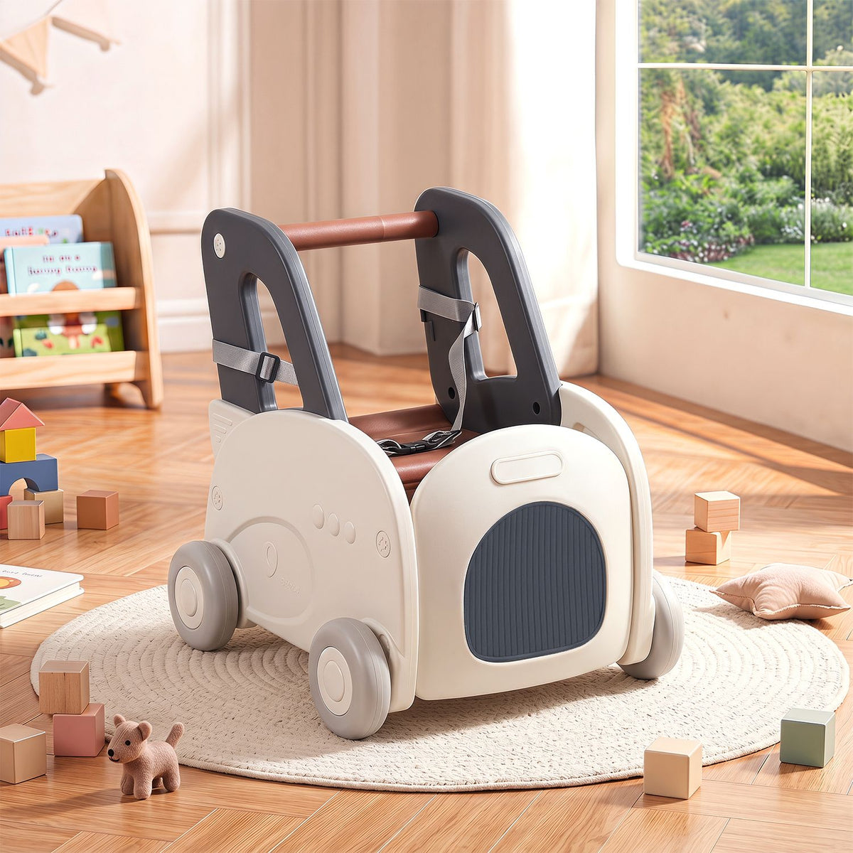The cream car-shaped walker sits empty on a round rug among toys in a playroom.