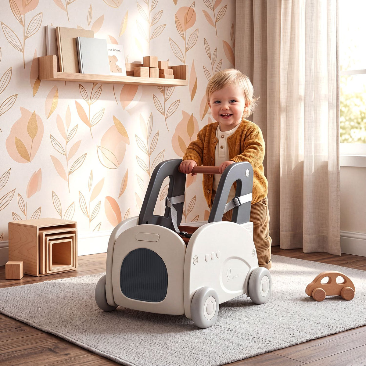 A toddler stands behind a cream car-shaped walker, holding its handle in a bright nursery.