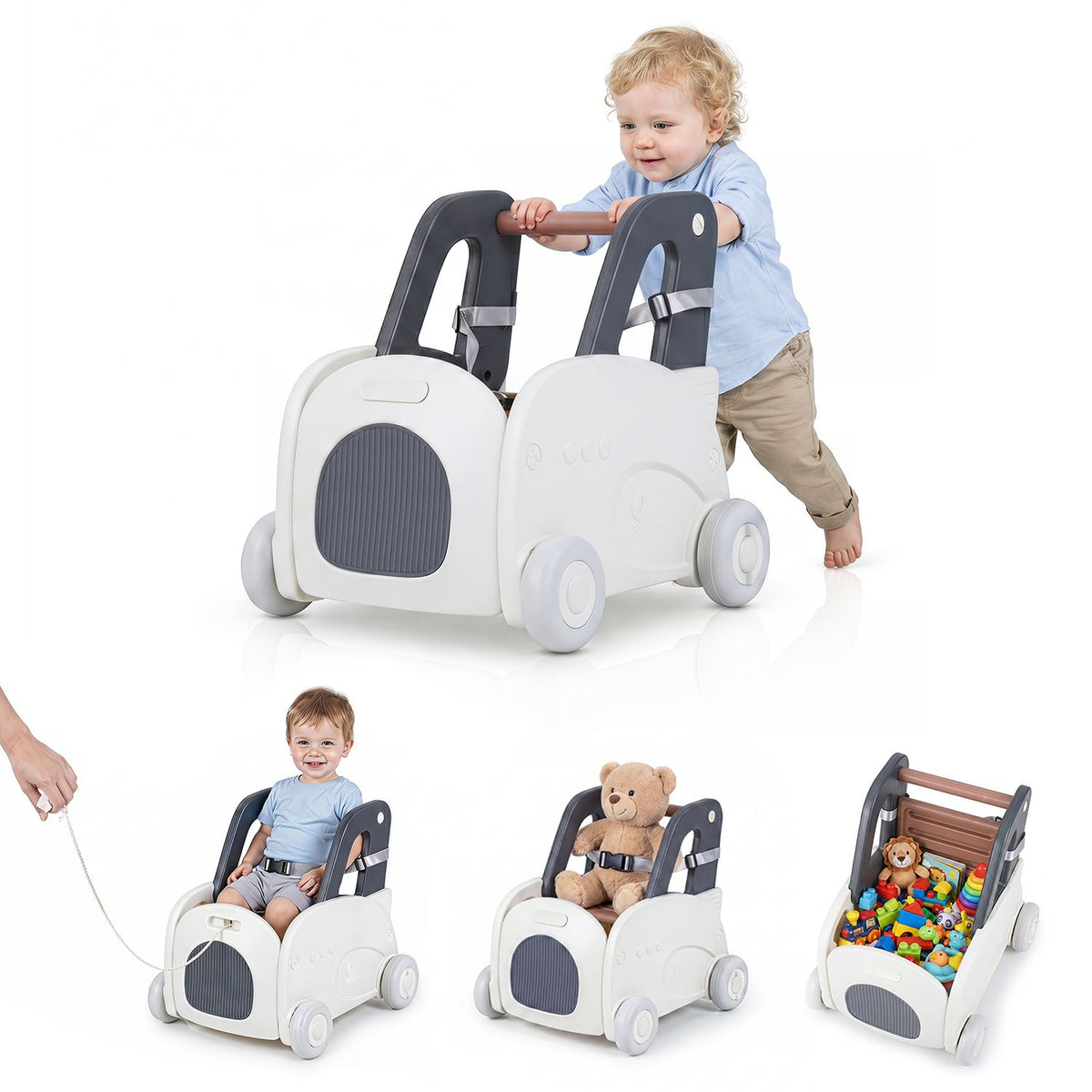 A child pushes the walker, shown alongside examples with a seated child, teddy bear, and toys.