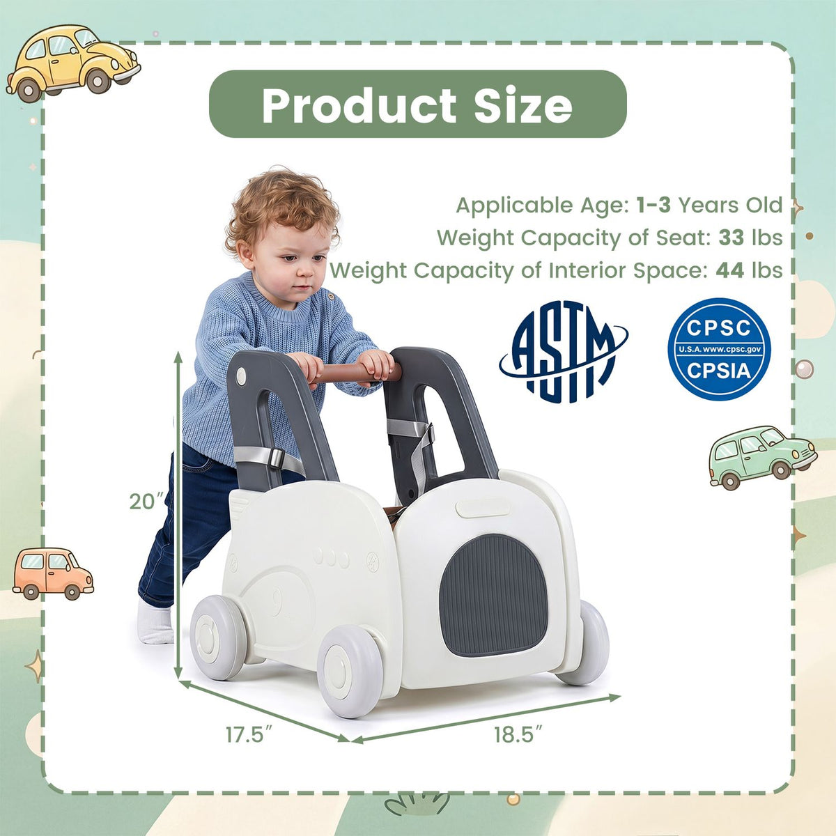 A child stands behind the white car-shaped walker beside arrows showing its height and footprint.
