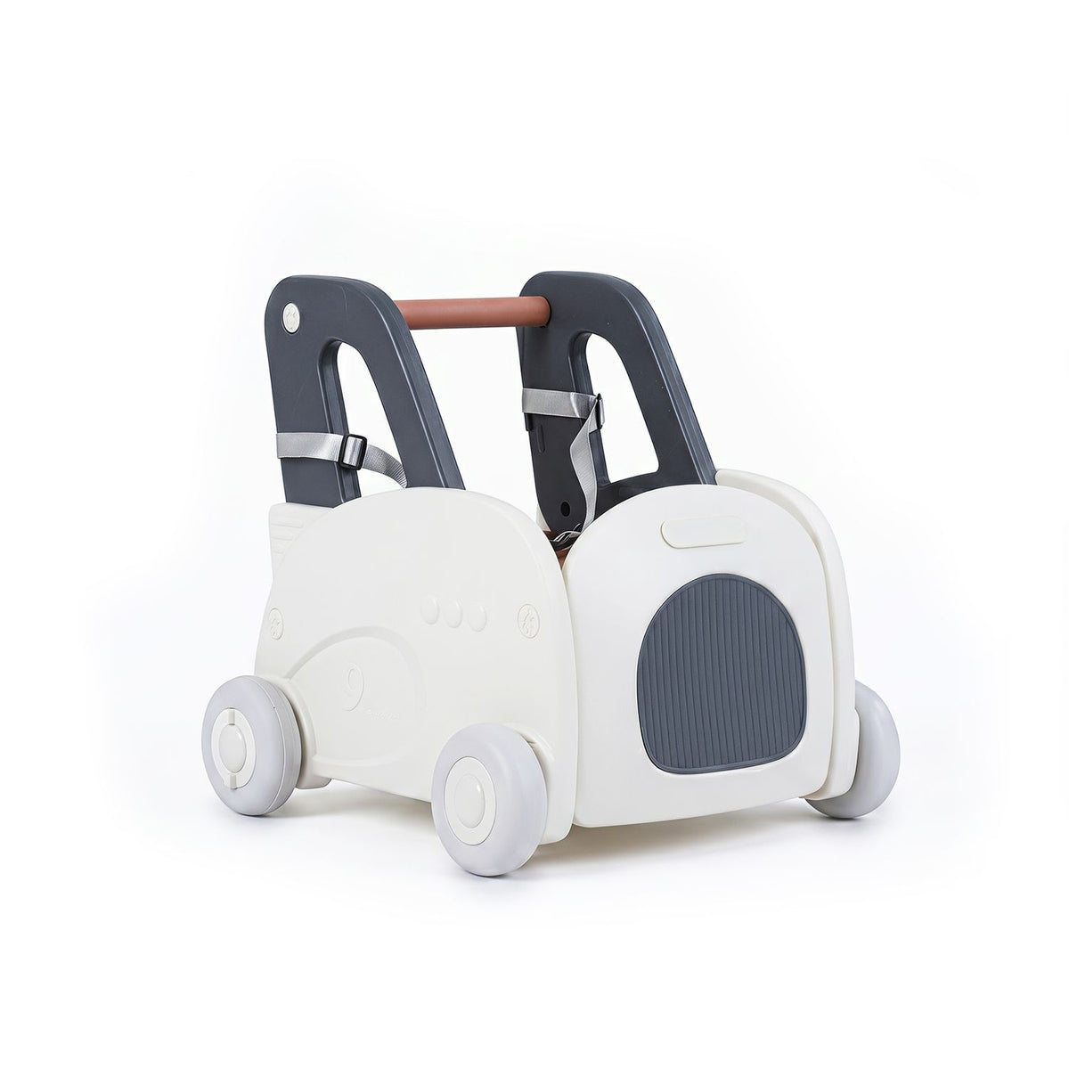White car-shaped walker on a plain background, with dark handles, a brown crossbar and four wheels.