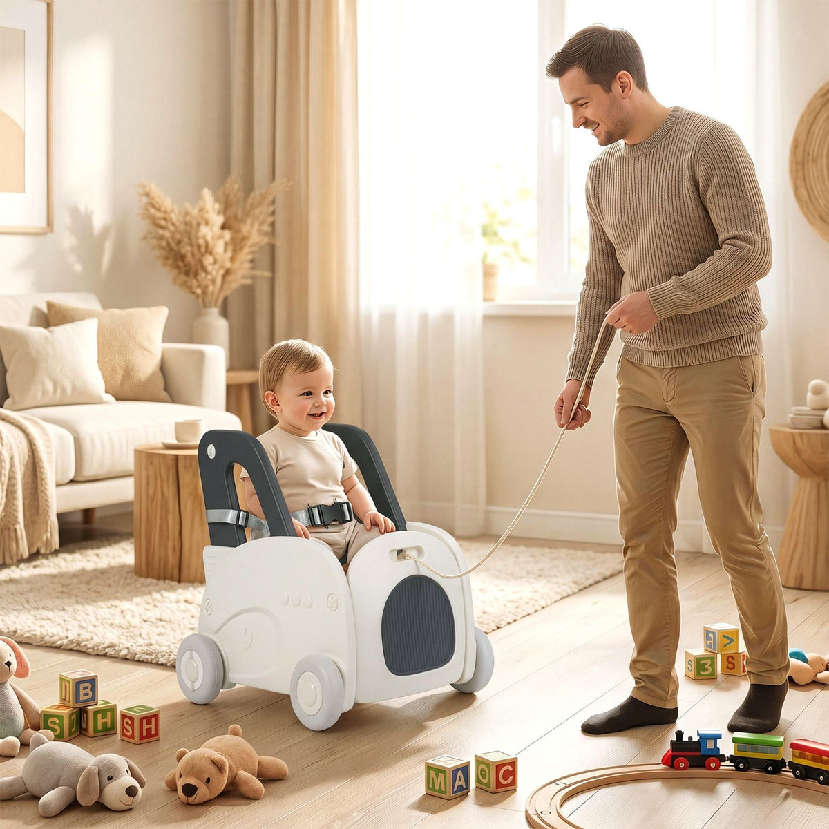 A toddler sits in the car-shaped walker as an adult pulls it across a bright living room.