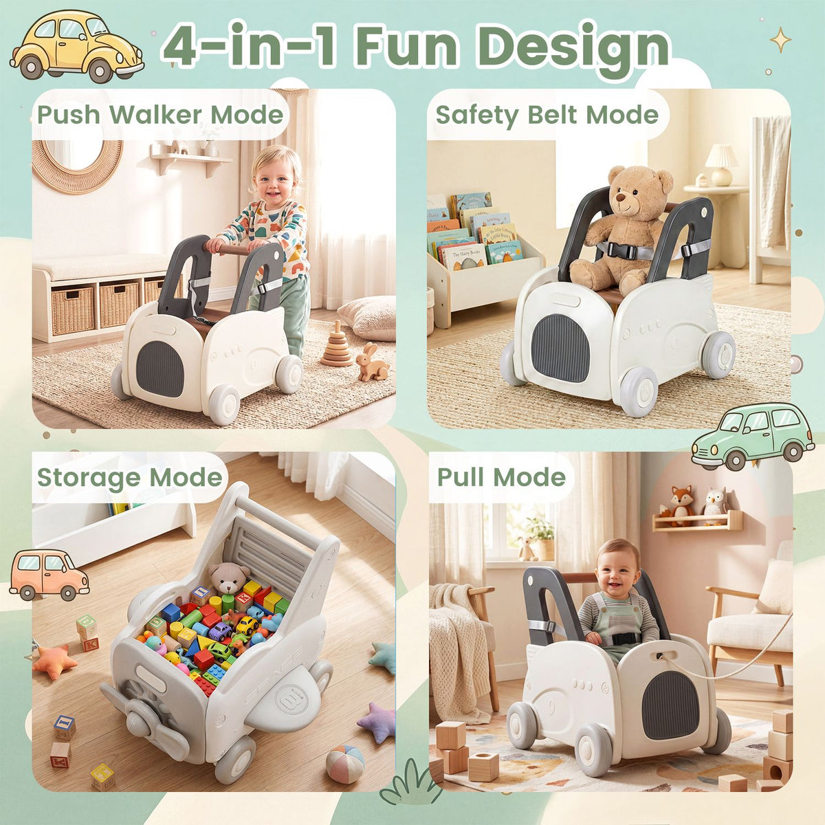 Four scenes show the car walker being pushed, used with a teddy, filled with toys, and pulled.