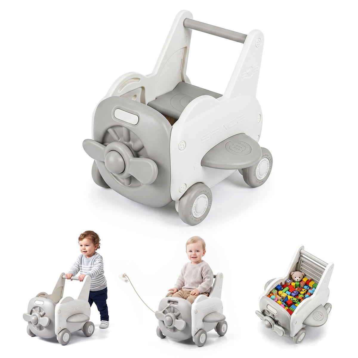 A white-background collage shows the walker, a child pushing it, a child seated, and toys stored inside.