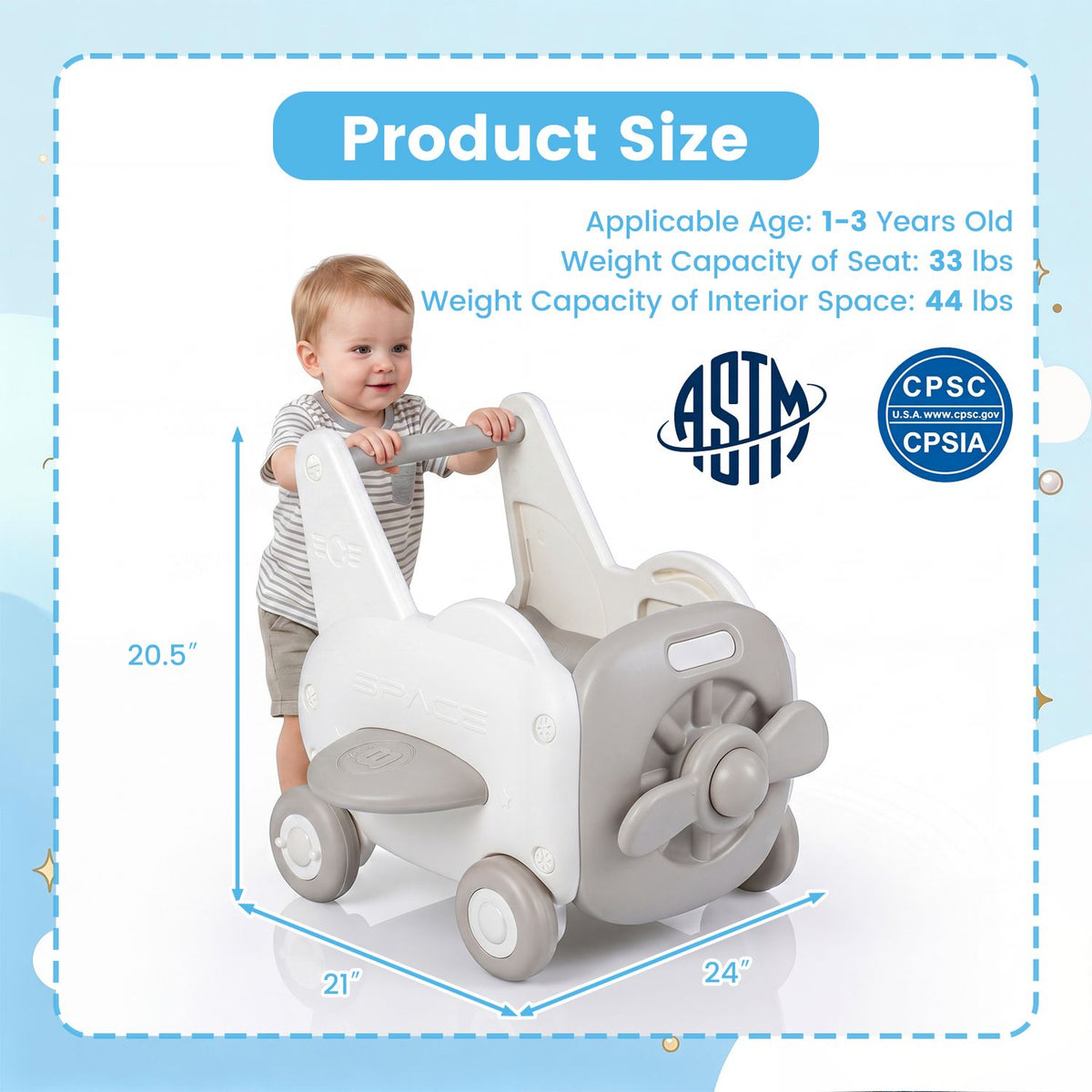 A toddler stands behind a white airplane-shaped walker, with measurement arrows around it.