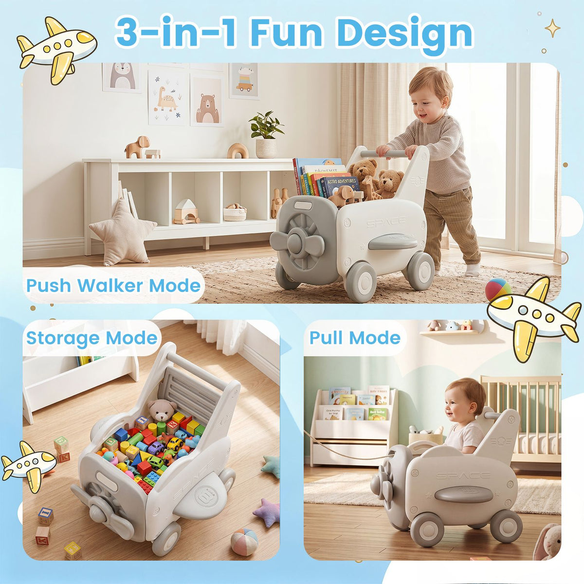 A child pushes the walker, toys fill its open storage compartment, and another child sits inside.