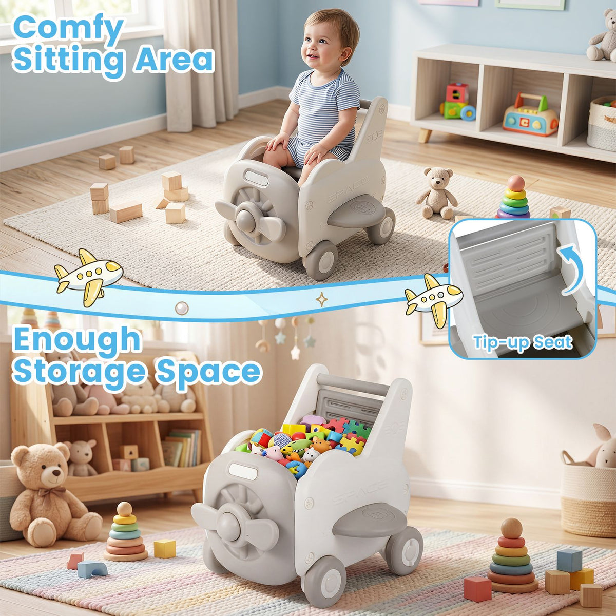A child sits in the airplane-shaped walker above a view of its open toy-filled compartment.
