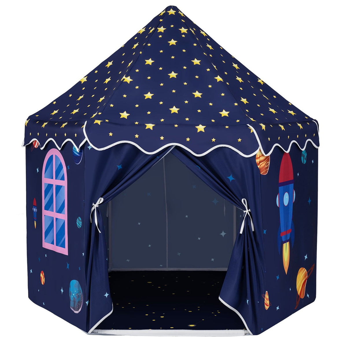 Open-front space-themed play tent shown empty against a white background.