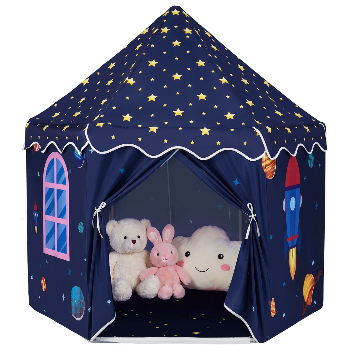 Three plush toys sit inside the open, star-patterned play tent.