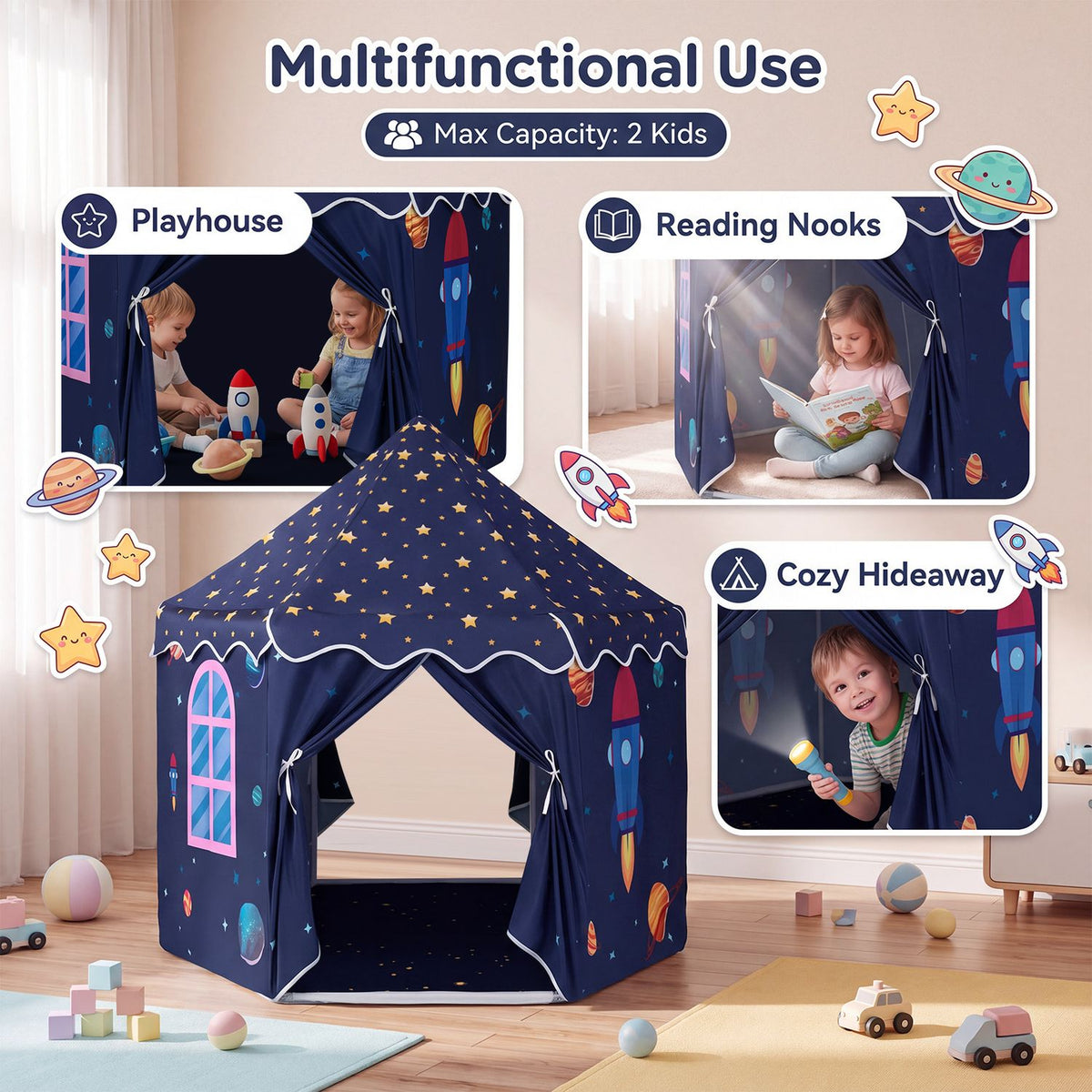 Navy star-print tent shown with children playing, reading, and relaxing inside.