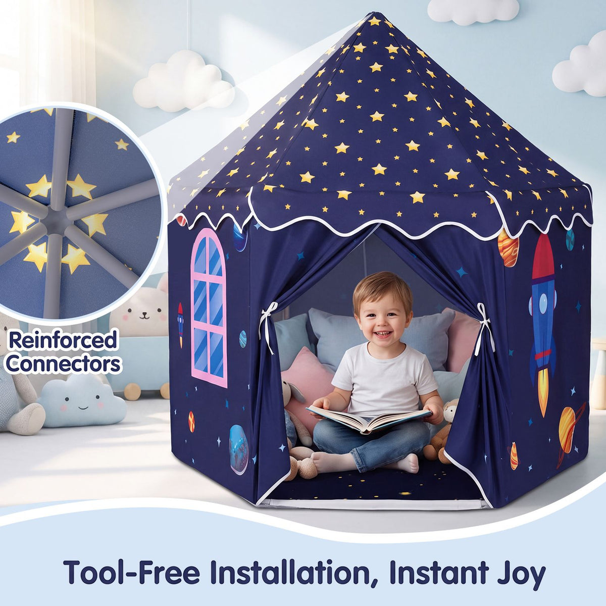 Child sits with a book inside the star-print tent beside an inset view of its corner connector.