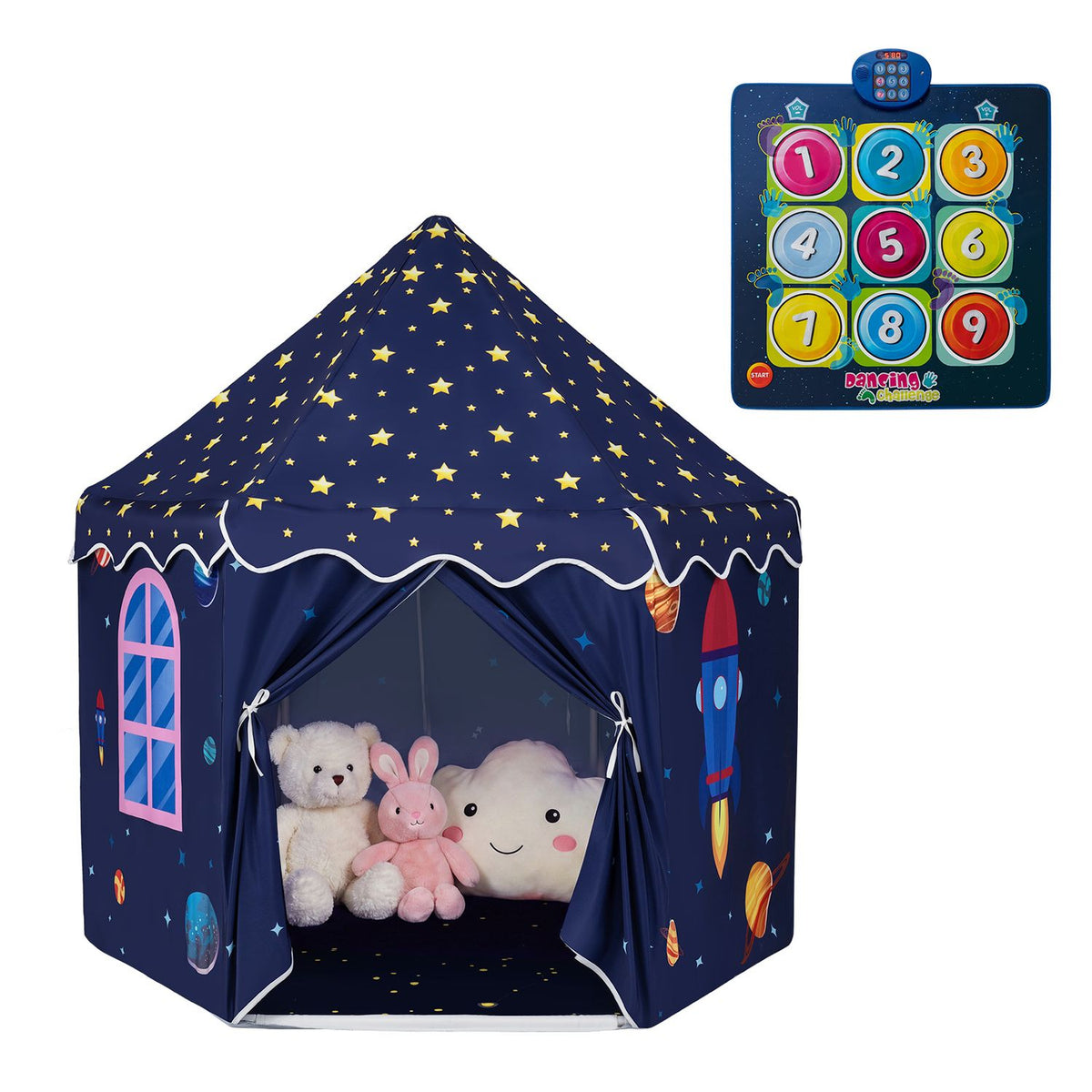 Navy star-print play tent with plush toys inside and a numbered light-up mat shown above it.