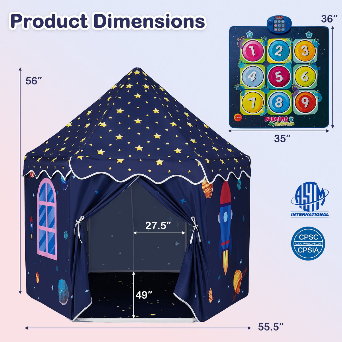 Play tent and dancing mat shown with measurement arrows and dimension callouts.