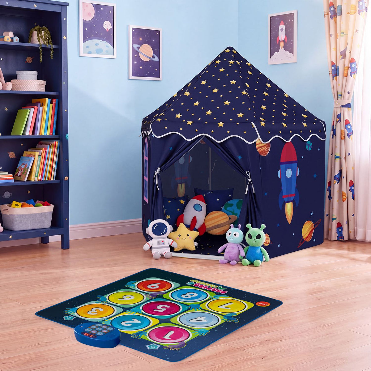 Star-patterned play tent and colorful light-up mat arranged in a child's space.