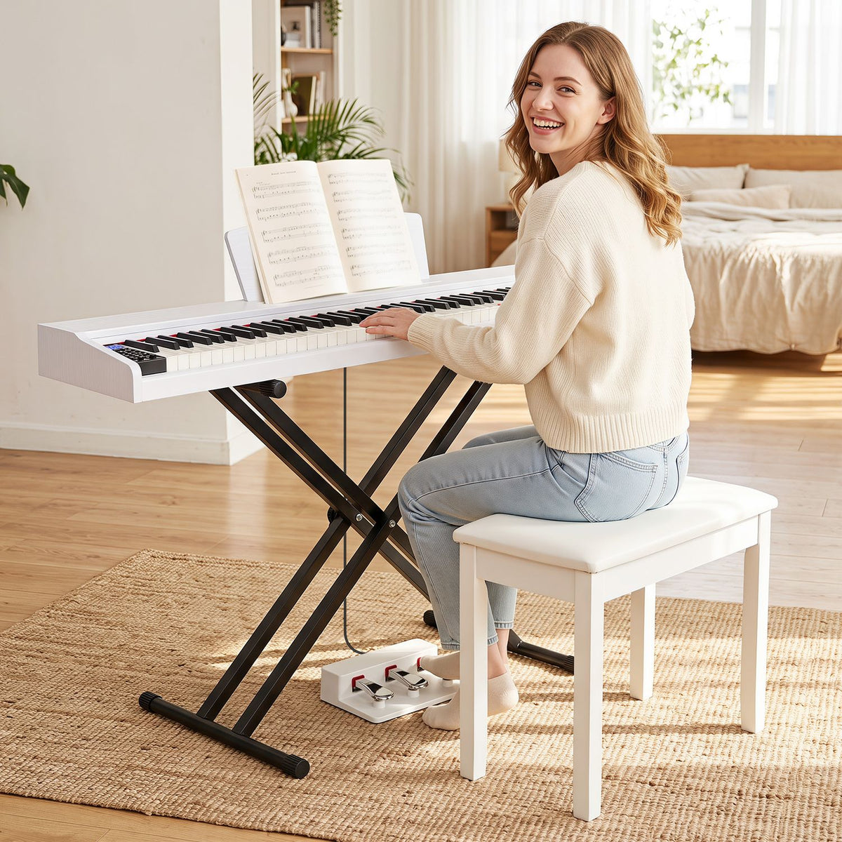 White digital piano on a black X-stand played by a seated woman in a bright room