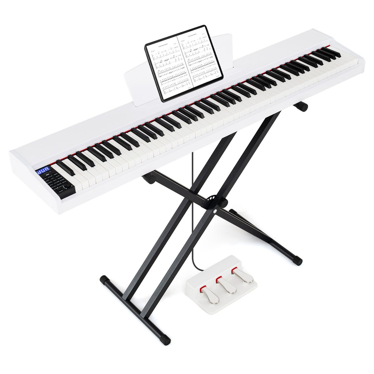 White digital piano and music stand on a black X-shaped stand, angled view