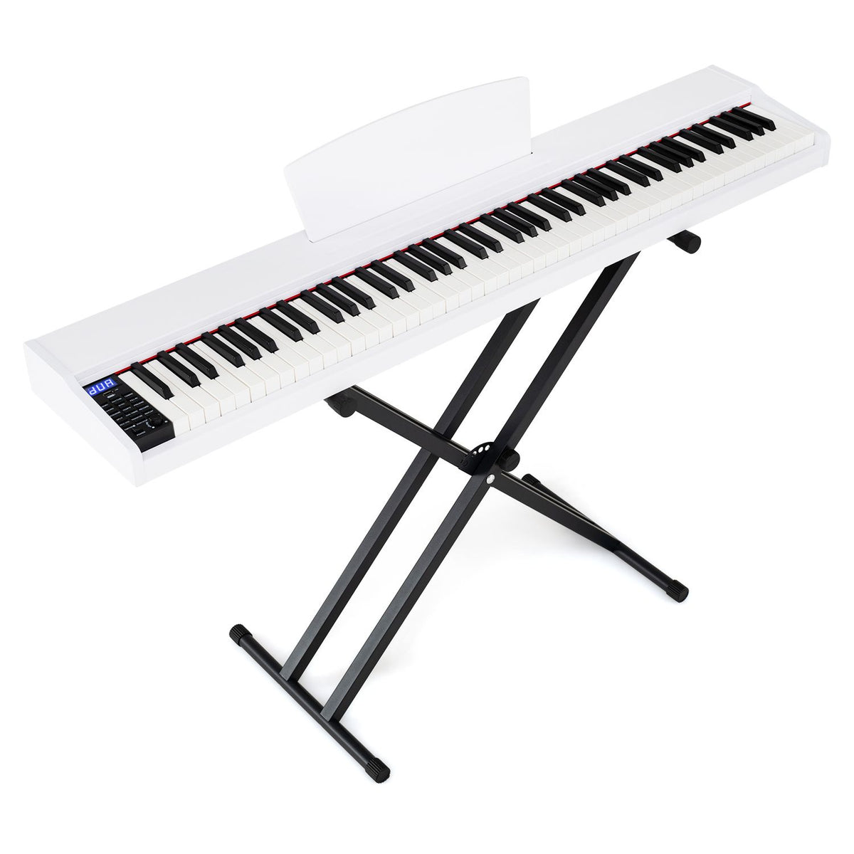 White digital piano with blank music rest on a black X-shaped stand