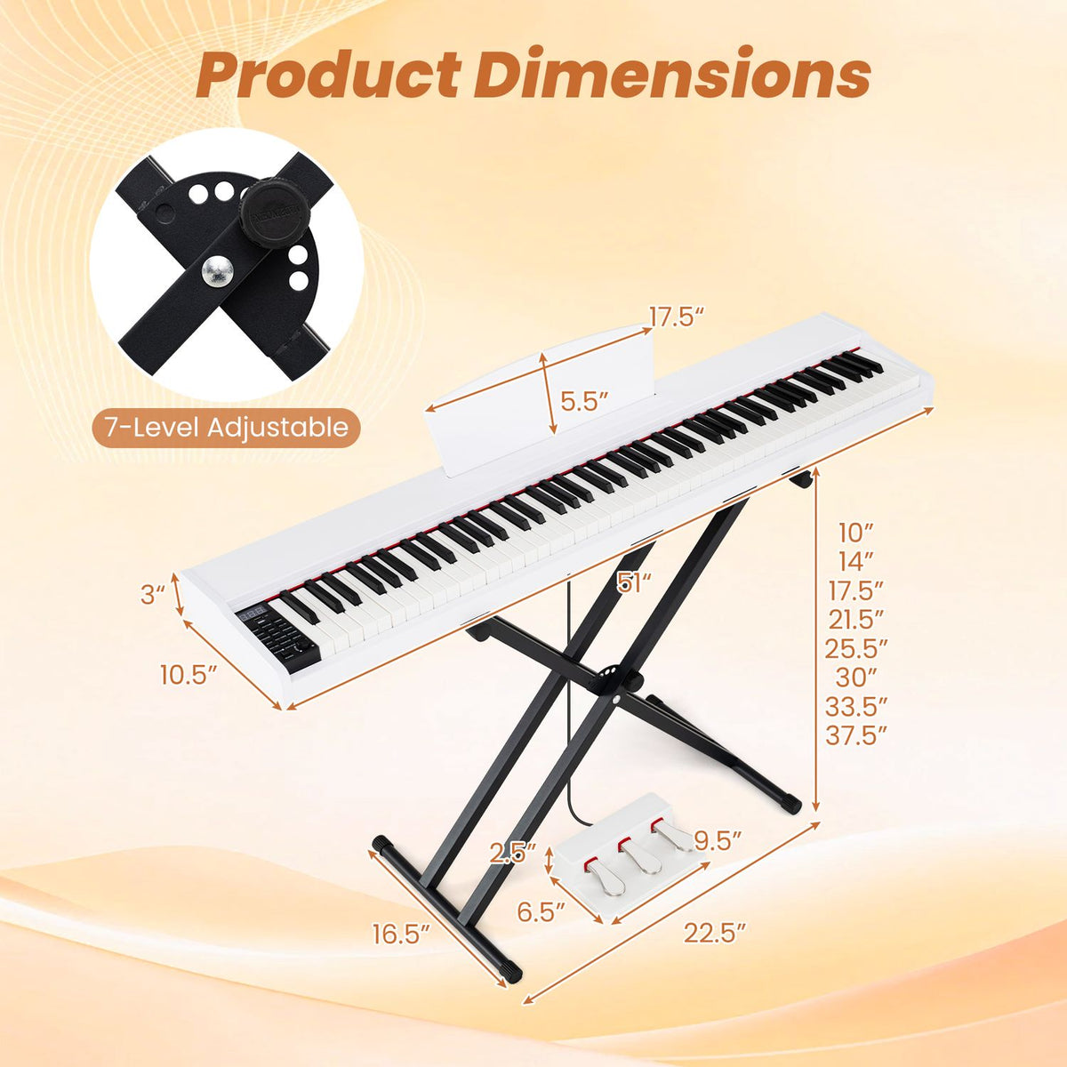Digital piano, pedals, and adjustable stand shown with measurement callouts