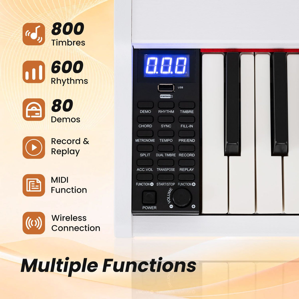 Close view of the digital piano control panel and keys with feature callouts