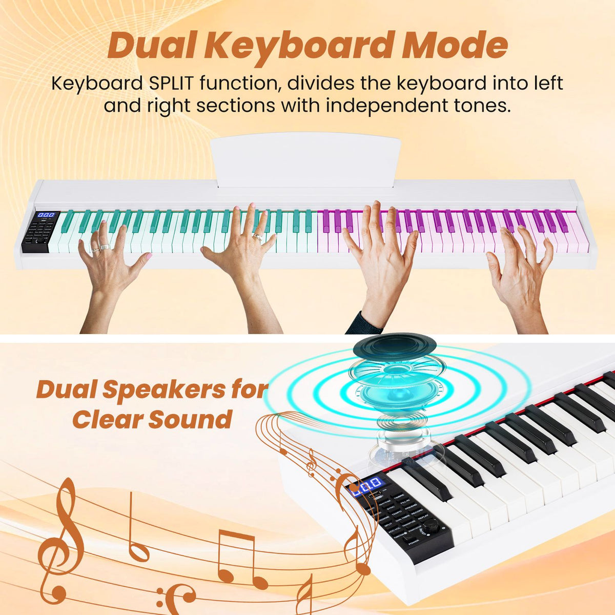 Hands play a white digital keyboard with colored key sections; a second view shows speaker graphics.
