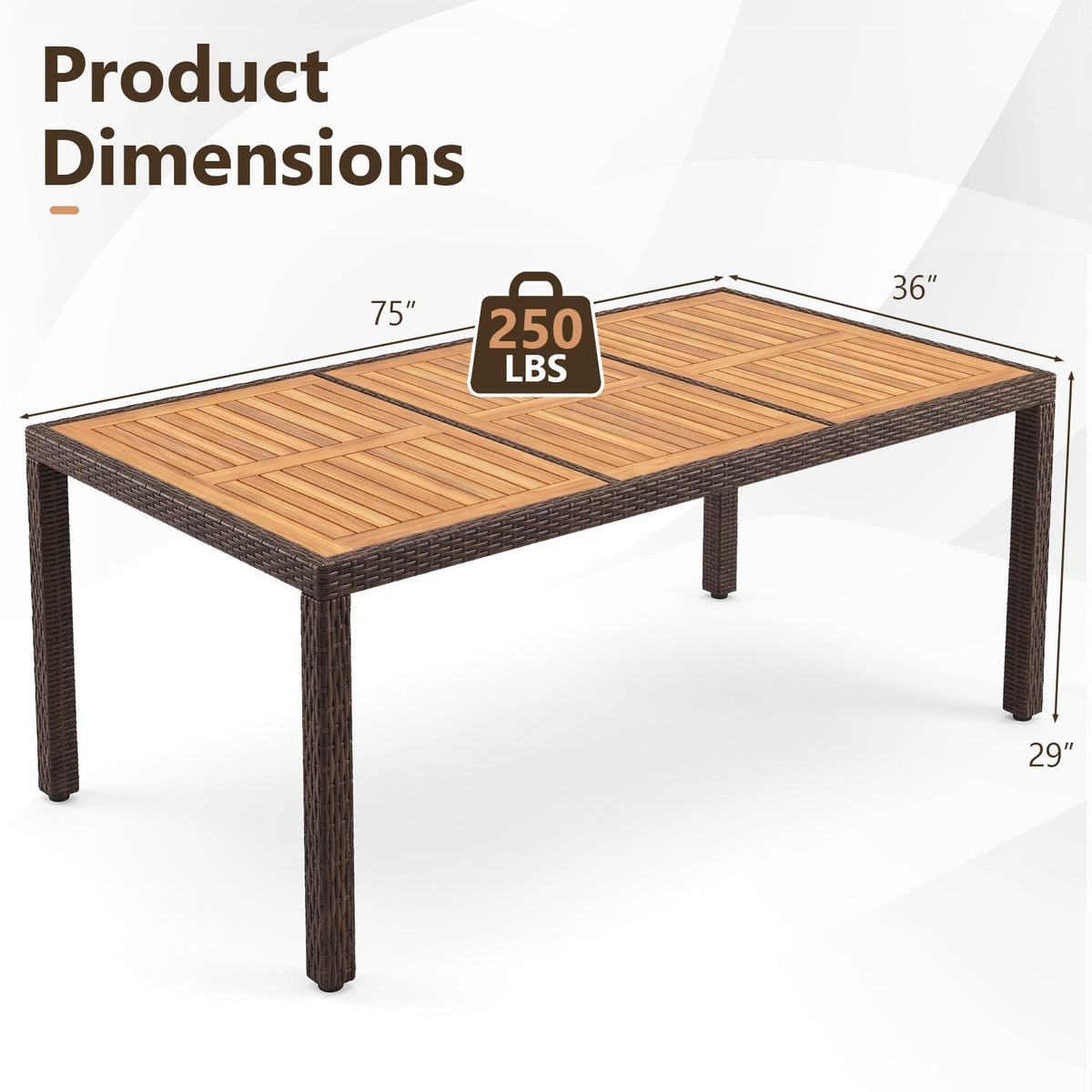 Patio table shown in a dimension graphic with measurement lines and a weight badge.