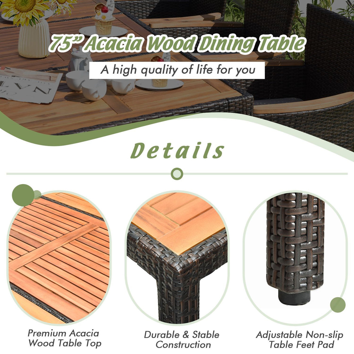 Close-ups show the slatted wood tabletop, a table corner, and a woven leg with a foot cap.