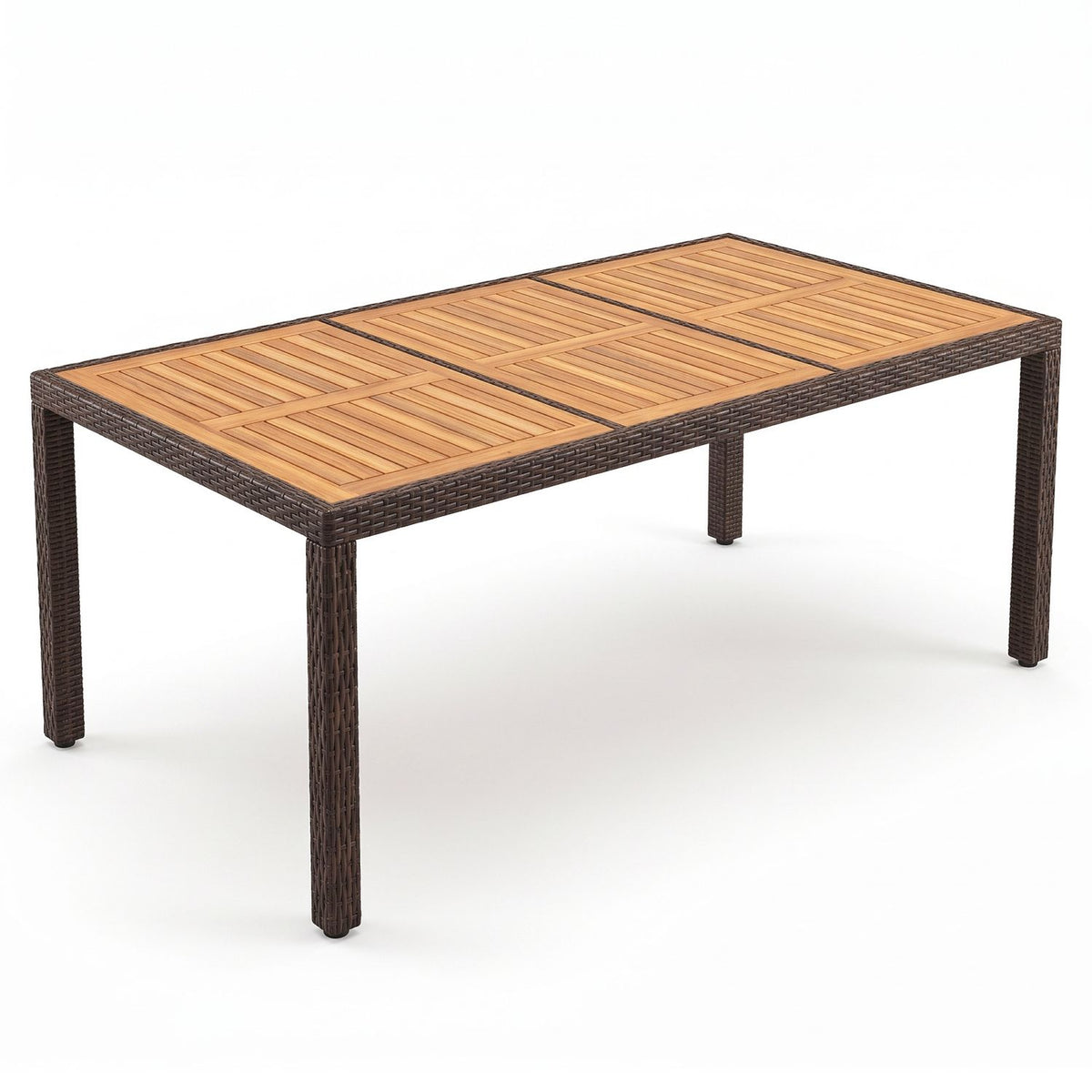 Unadorned patio dining table with a slatted top and dark woven-look frame on white.