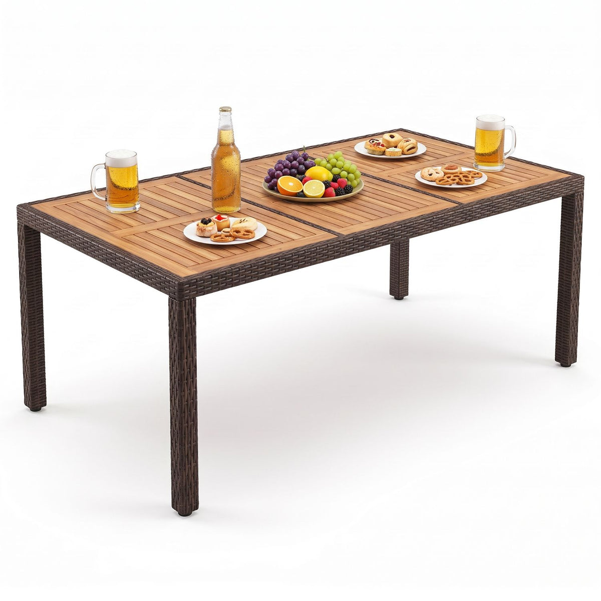 Slatted rectangular patio table with drinks and snacks, shown against a white background.