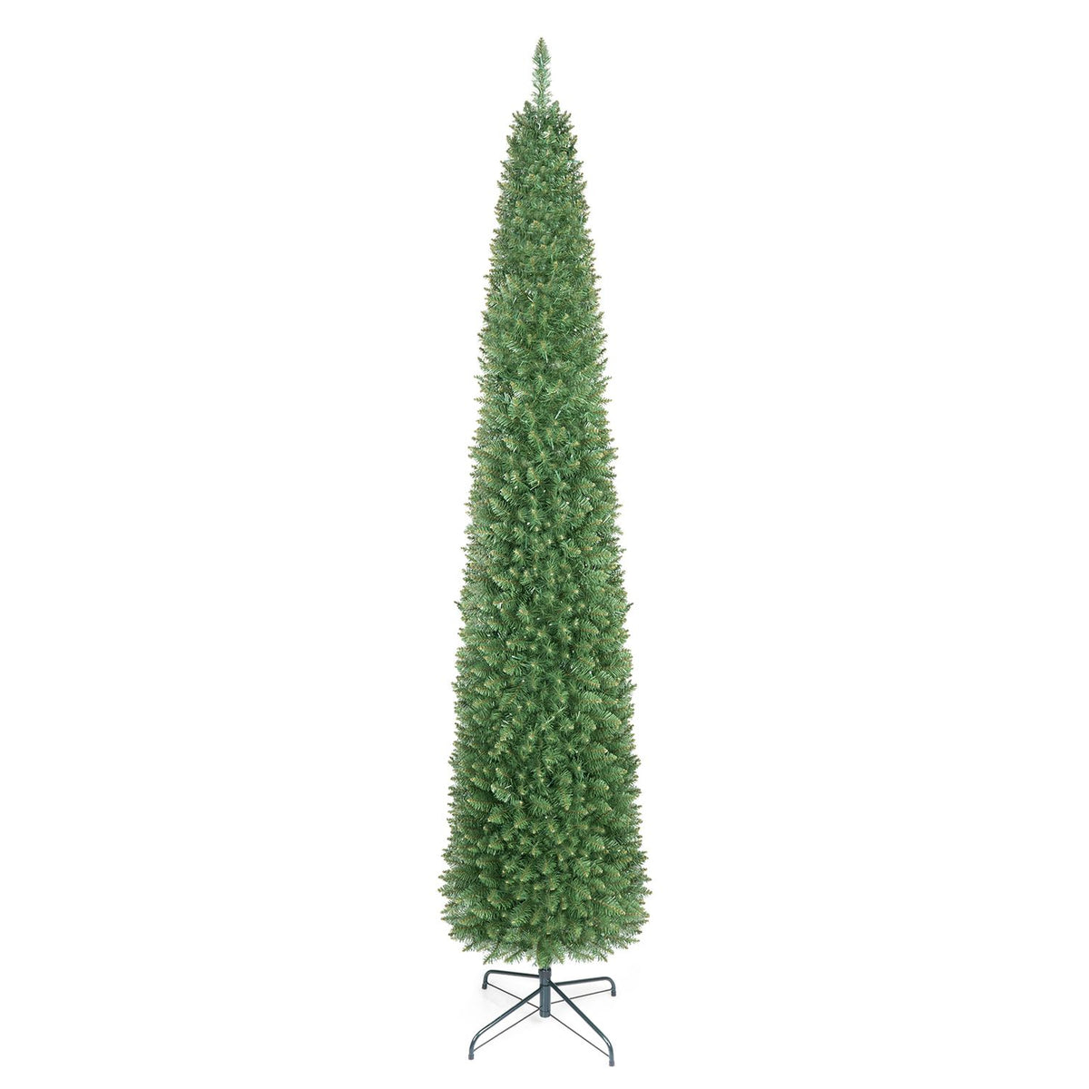 Unlit slim green artificial Christmas tree standing on a metal base against a white background.