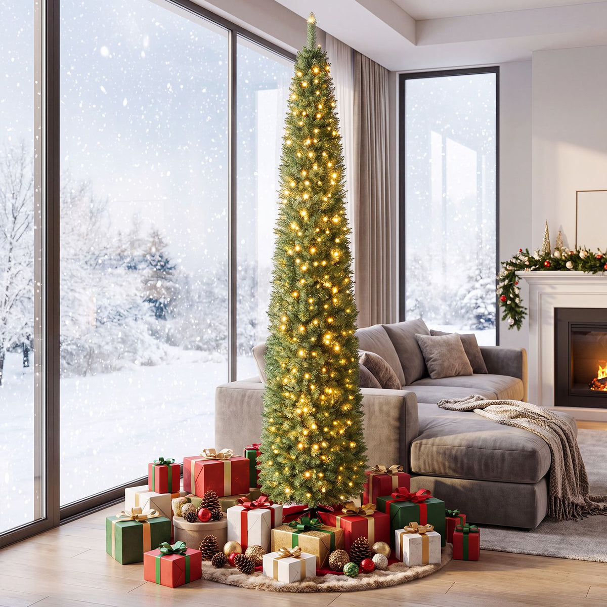 Glowing pencil Christmas tree surrounded by wrapped gifts beside a gray sectional and fireplace.